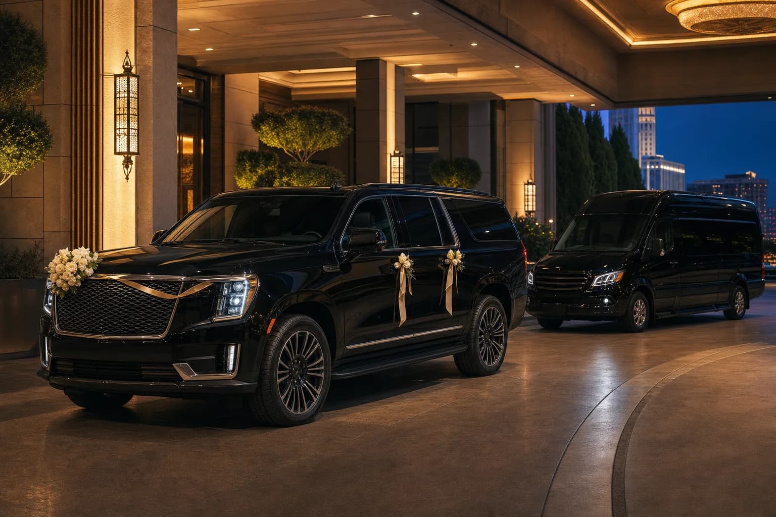 Luxury black SUV with tasteful ivory and champagne-gold celebration décor beside an undecorated executive passenger van