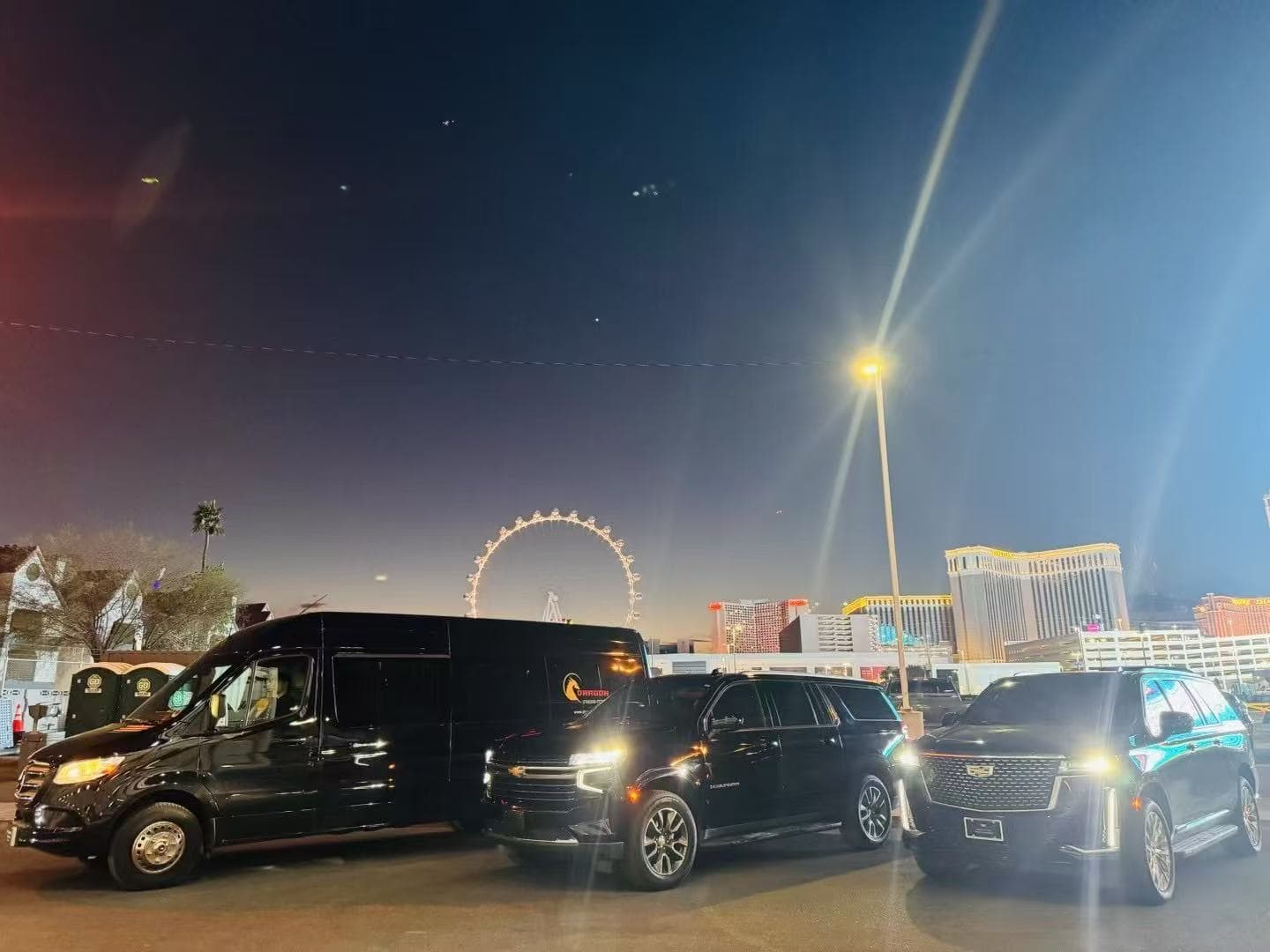 Actual Dragon Limo fleet photographed near the Las Vegas Strip at night